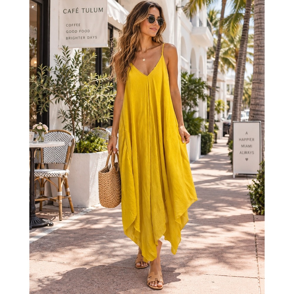 Mlle Gabrielle Yellow Handkerchief Hem Maxi Dress V-Neck Pockets Large #404
